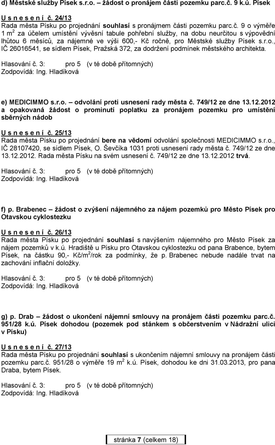 r.o., IČ 26016541, se sídlem Písek, Pražská 372, za dodržení podmínek městského architekta. e) MEDICIMMO s.r.o. odvolání proti usnesení rady města č. 749/12 