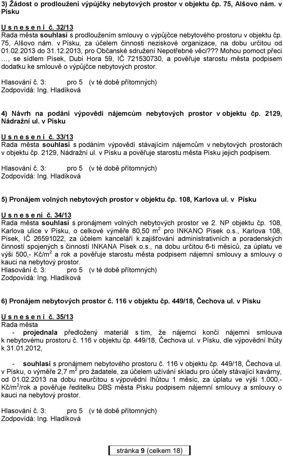 2013, pro Občanské sdružení Nepotřebné věci??? Mohou pomoct přeci, se sídlem Písek, Dubí Hora 59, IČ 721530730, a pověřuje starostu města podpisem dodatku ke smlouvě o výpůjčce nebytových prostor.