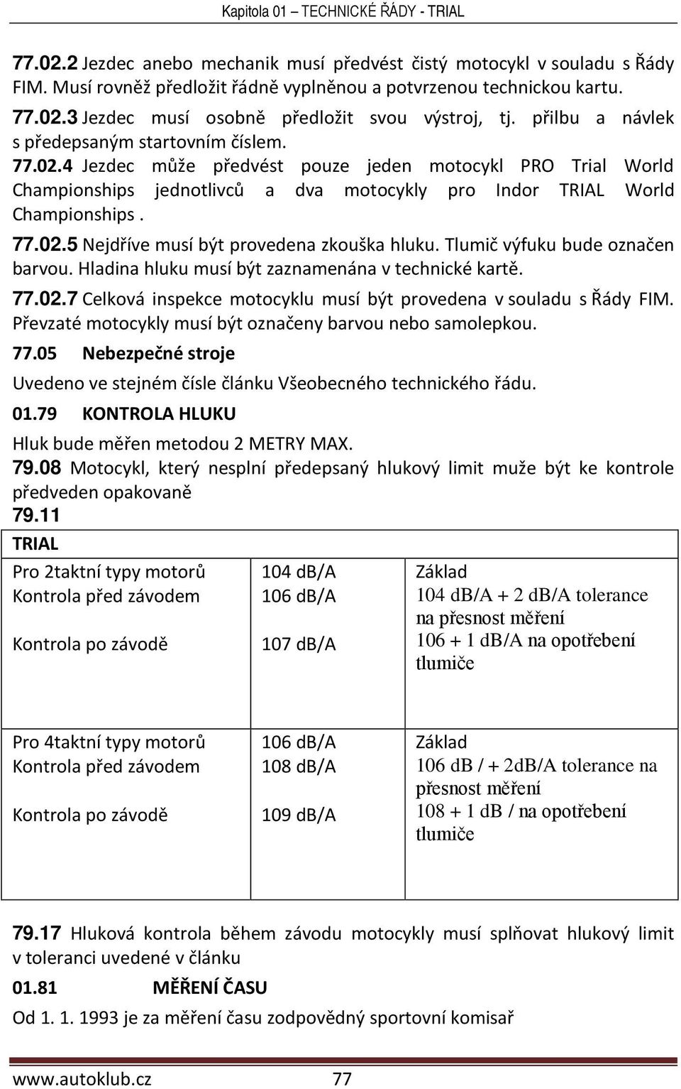 Tlumič výfuku bude označen barvou. Hladina hluku musí být zaznamenána v technické kartě. 77.02.7 Celková inspekce motocyklu musí být provedena v souladu s Řády FIM.