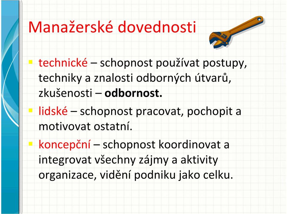 lidské schopnost pracovat, pochopit a motivovat ostatní.