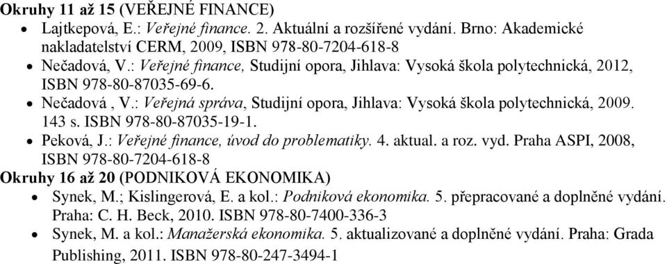 ISBN 978-80-87035-19-1. Peková, J.: Veřejné finance, úvod do problematiky. 4. aktual. a roz. vyd. Praha ASPI, 2008, ISBN 978-80-7204-618-8 Okruhy 16 až 20 (PODNIKOVÁ EKONOMIKA) Synek, M.