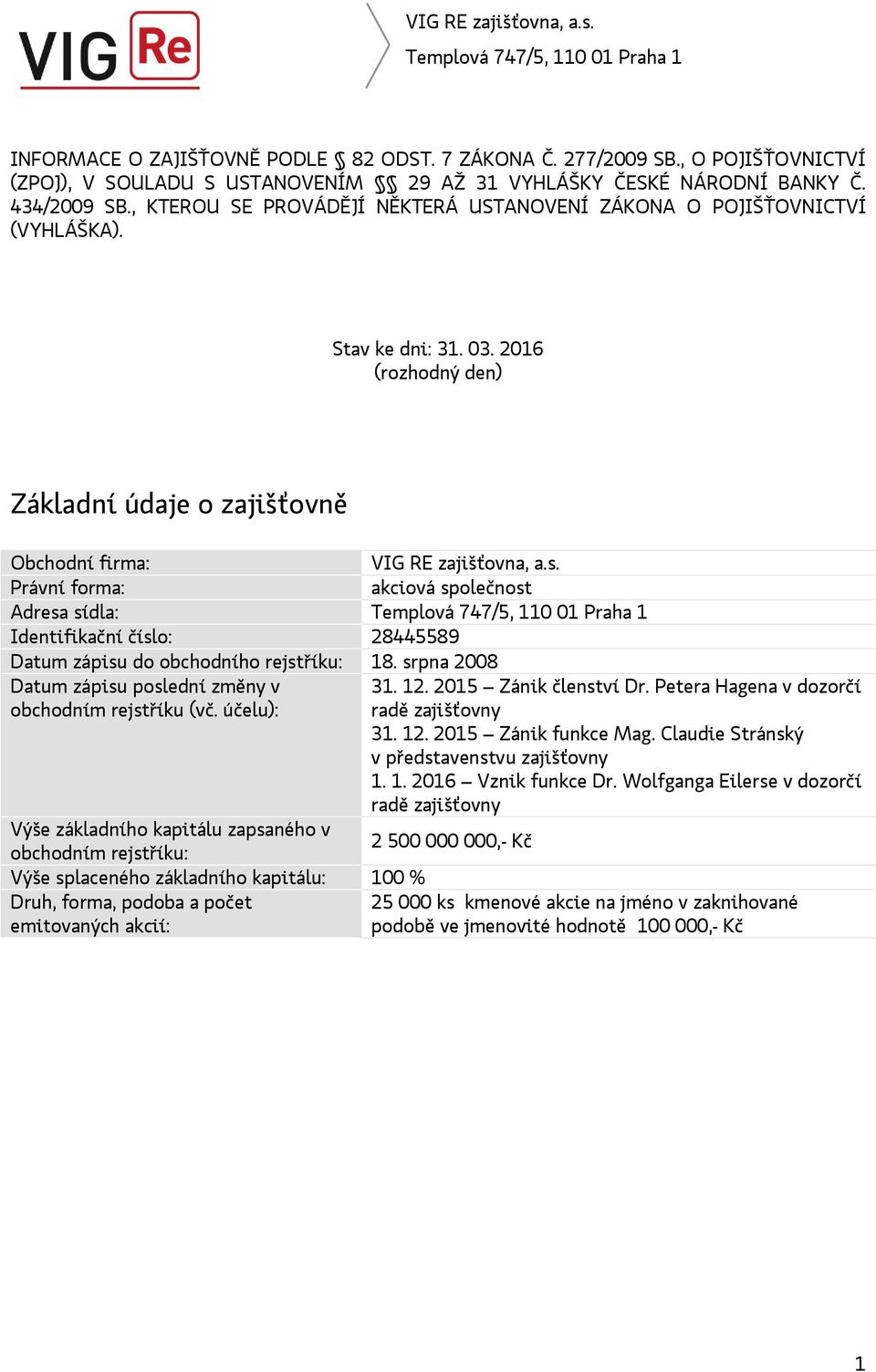 Právní forma: akciová společnost Adresa sídla: Identifikační číslo: 28445589 Datum zápisu do obchodního rejstříku: 18. srpna 2008 Datum zápisu poslední změny v 31. 12. 2015 Zánik členství Dr.