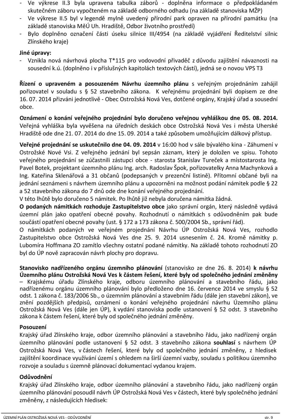 Hradiště, Odbor životního prostředí) - Bylo doplněno označení části úseku silnice III/4954 (na základě vyjádření Ředitelství silnic Zlínského kraje) Jiné úpravy: - Vznikla nová návrhová plocha T*115