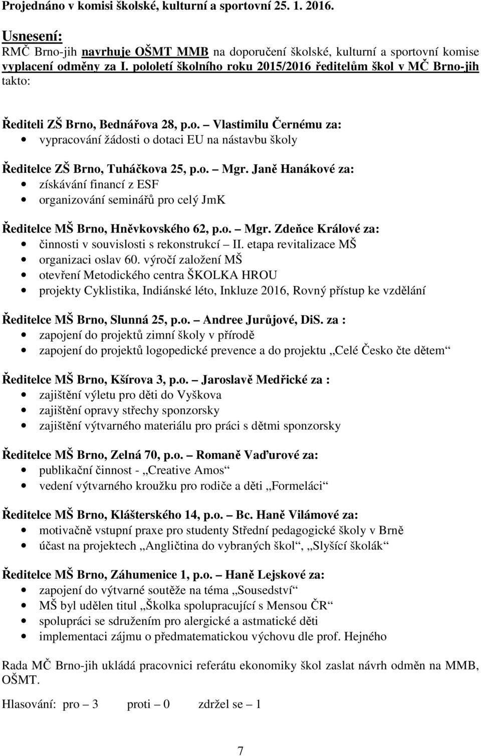 o. Mgr. Janě Hanákové za: získávání financí z ESF organizování seminářů pro celý JmK Ředitelce MŠ Brno, Hněvkovského 62, p.o. Mgr. Zdeňce Králové za: činnosti v souvislosti s rekonstrukcí II.