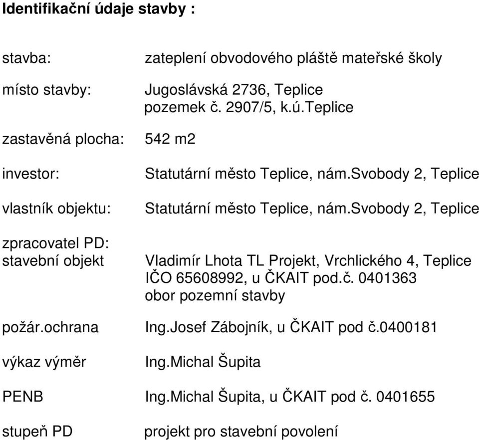 svobody 2, Teplice Statutární město Teplice, nám.svobody 2, Teplice Vladimír Lhota TL Projekt, Vrchlického 4, Teplice IČO 65608992, u ČKAIT pod.č.