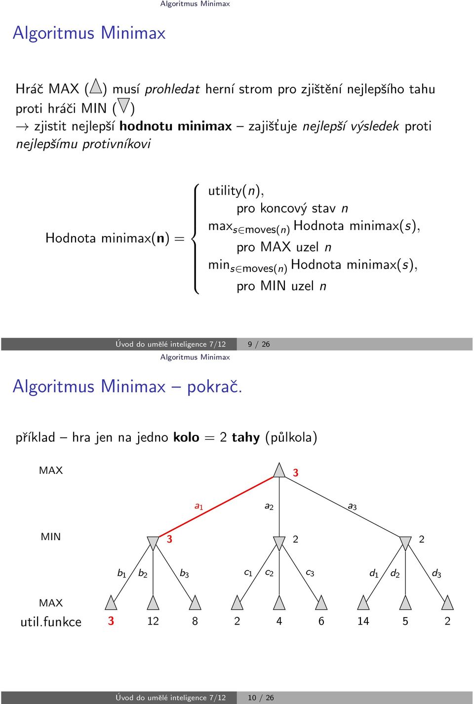 minimax(s), pro MA uzel n min s йmoves(n) Hodnota minimax(s), pro uzel n 0 3vod do um їl і inteligence 7/12 9 / 26 Algoritmus Minimax Algoritmus Minimax C pokra 0 0.