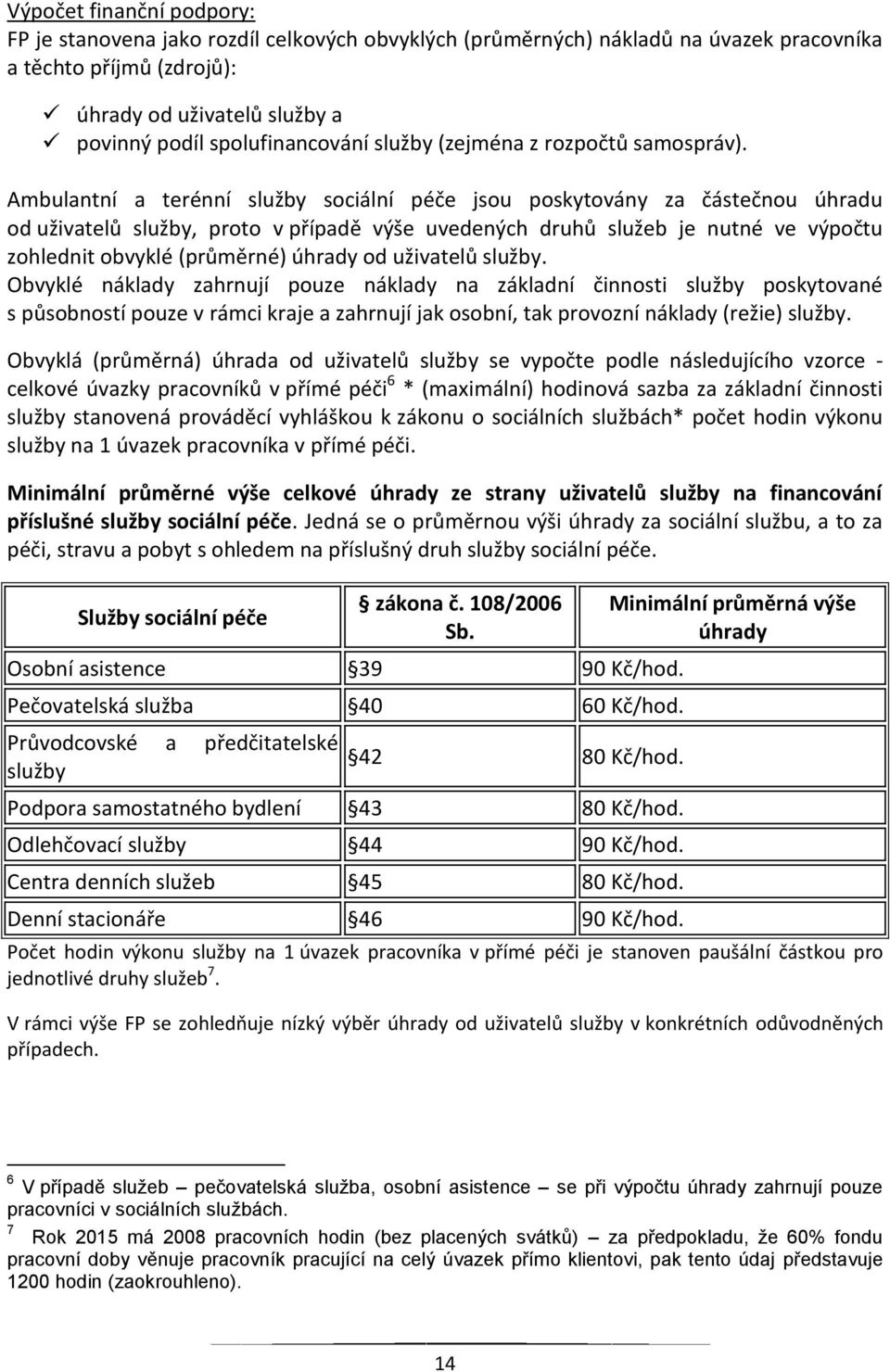 Ambulantní a terénní služby sociální péče jsou poskytovány za částečnou úhradu od uživatelů služby, proto v případě výše uvedených druhů služeb je nutné ve výpočtu zohlednit obvyklé (průměrné) úhrady