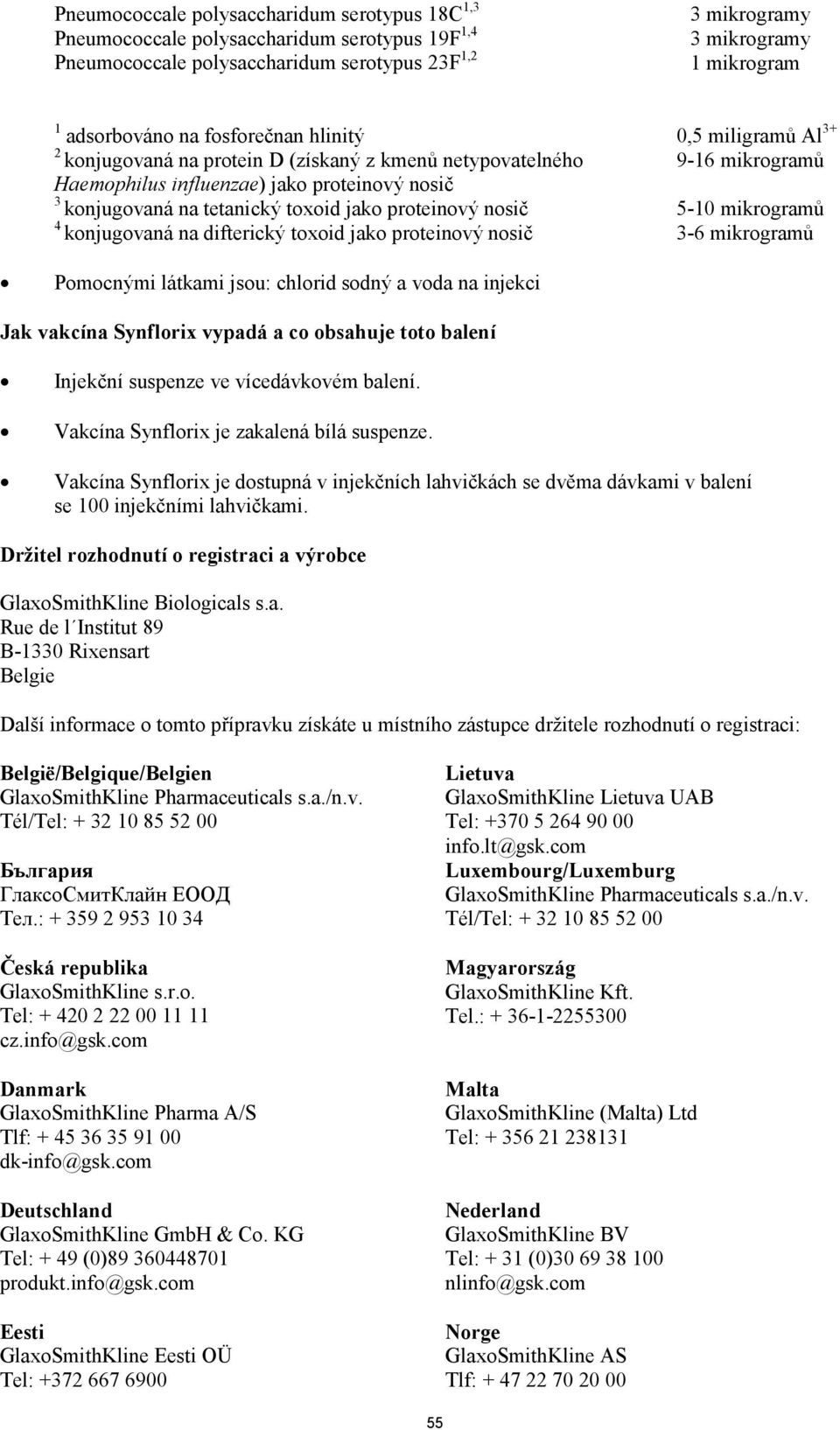 nosič 5-10 mikrogramů 4 konjugovaná na difterický toxoid jako proteinový nosič 3-6 mikrogramů Pomocnými látkami jsou: chlorid sodný a voda na injekci Jak vakcína Synflorix vypadá a co obsahuje toto