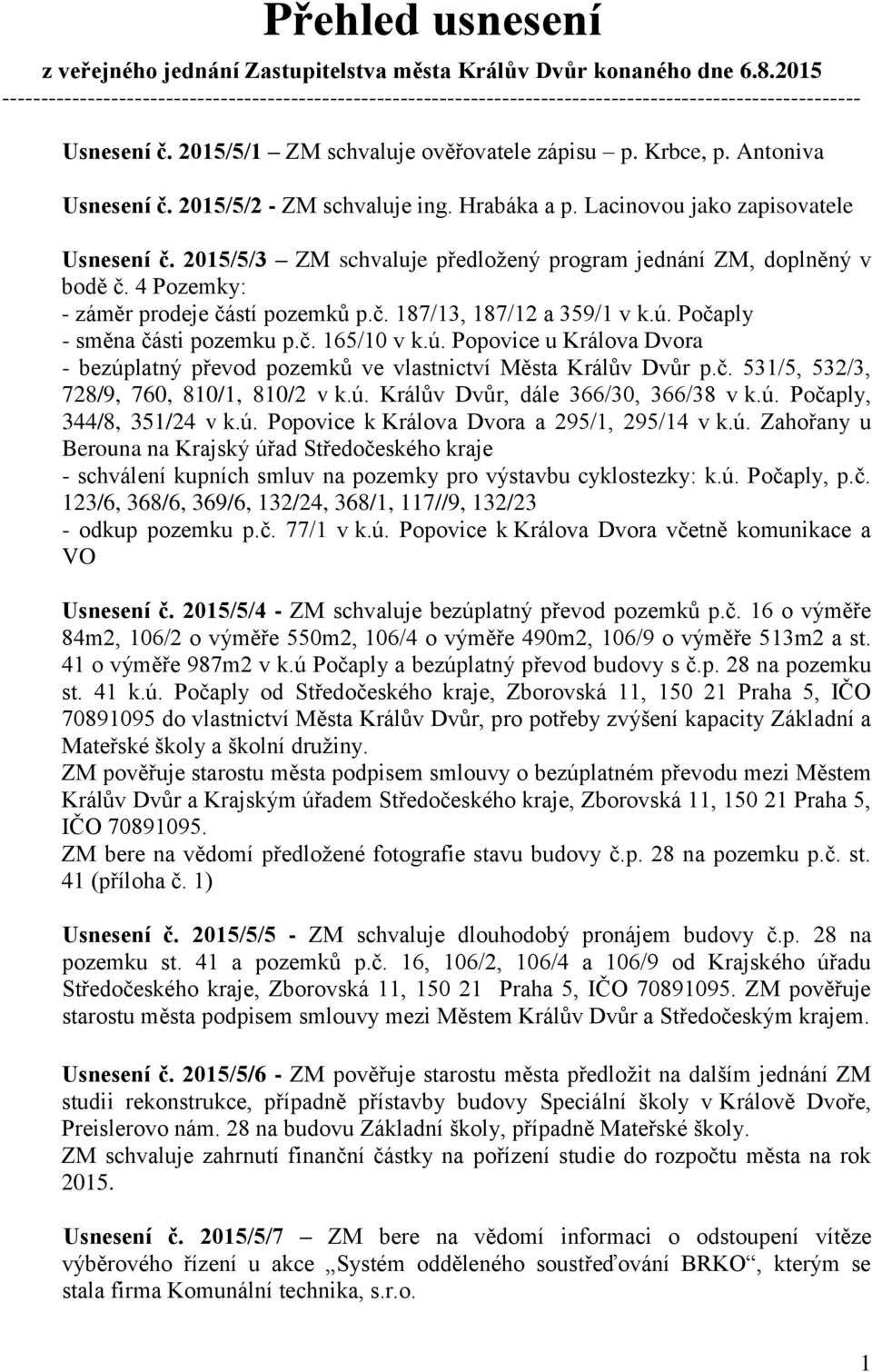 Antoniva Usnesení č. 2015/5/2 - ZM schvaluje ing. Hrabáka a p. Lacinovou jako zapisovatele Usnesení č. 2015/5/3 ZM schvaluje předložený program jednání ZM, doplněný v bodě č.