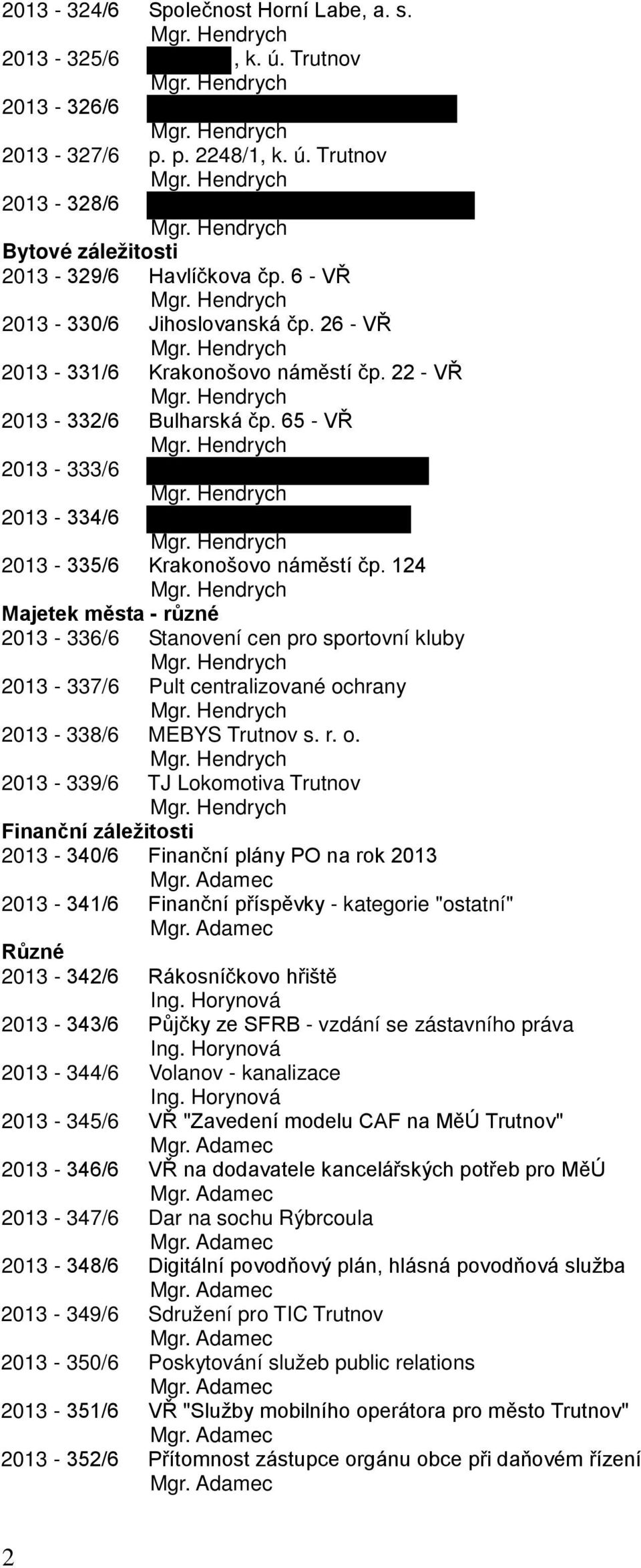 124 Majetek města - různé 2013-336/6 Stanovení cen pro sportovní kluby 2013-337/6 Pult centralizované oc