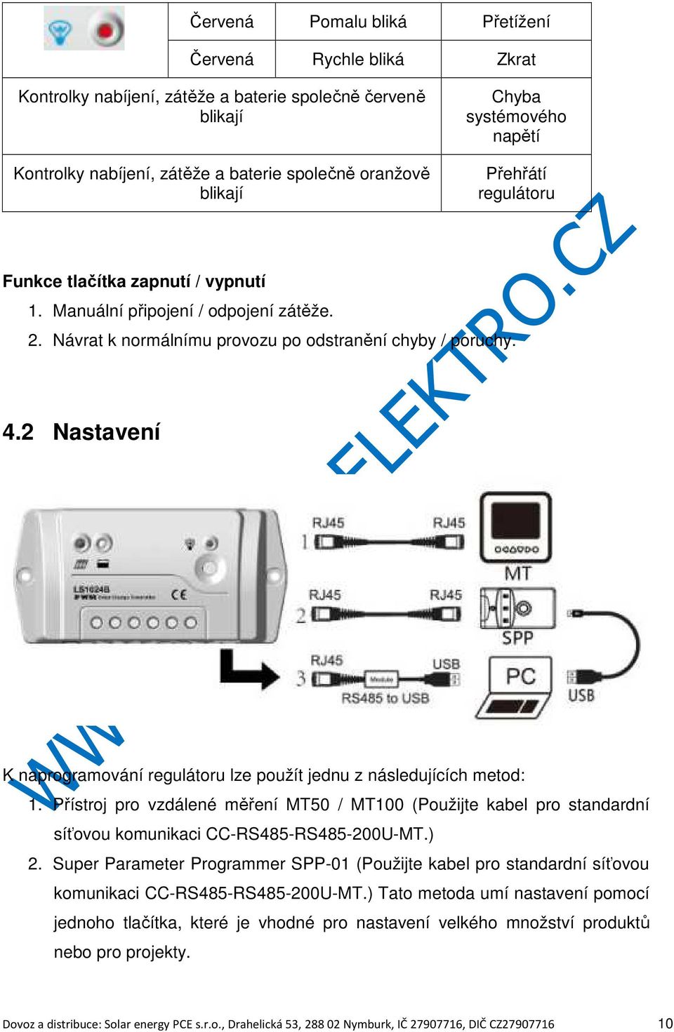 2 Nastavení K naprogramování regulátoru lze použít jednu z následujících metod: 1. Přístroj pro vzdálené měření MT50 / MT100 (Použijte kabel pro standardní síťovou komunikaci CC-RS485-RS485-200U-MT.