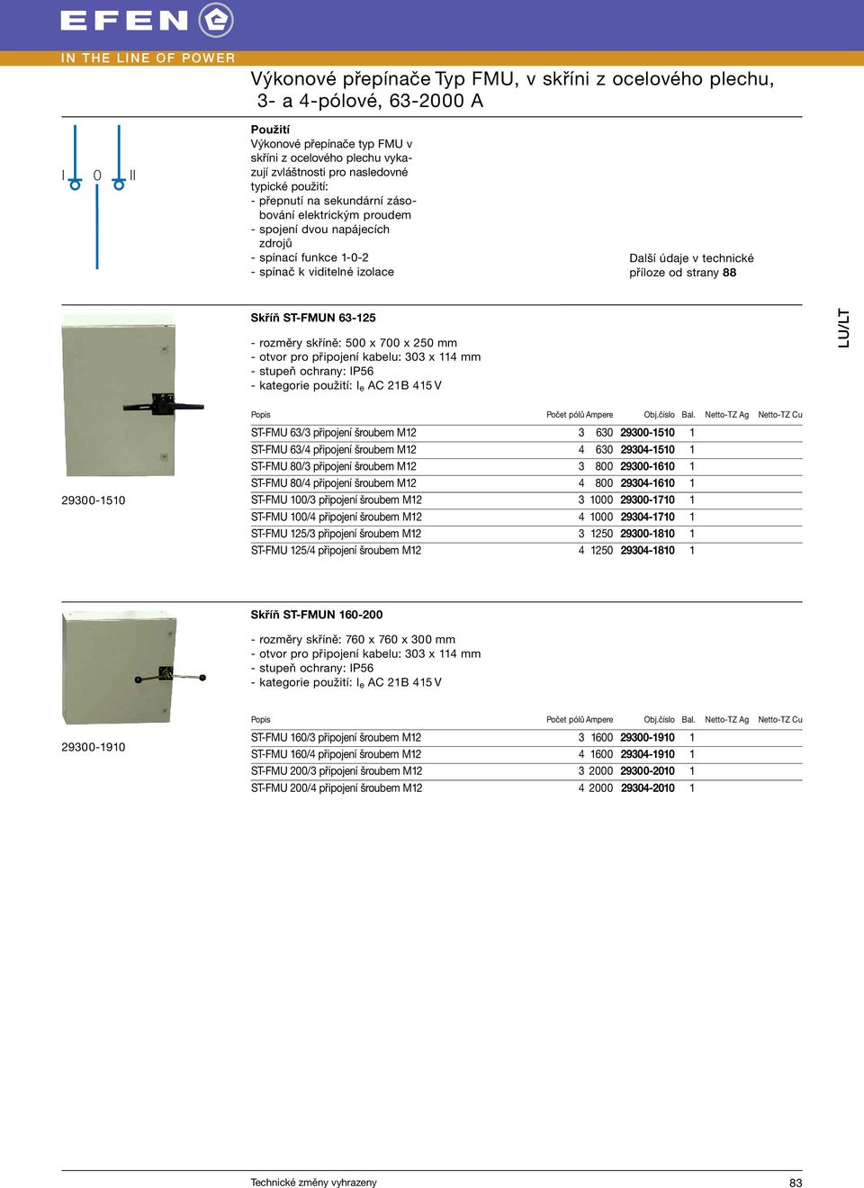 otvor pro připojení kabelu: 303 x 114 mm - stupeň ochrany: IP56 - kategorie použití: I e AC 21B 415 V LU/LT 29300-1510 ST-FMU 63/3 připojení šroubem M12 3 630 29300-1510 1 ST-FMU 63/4 připojení