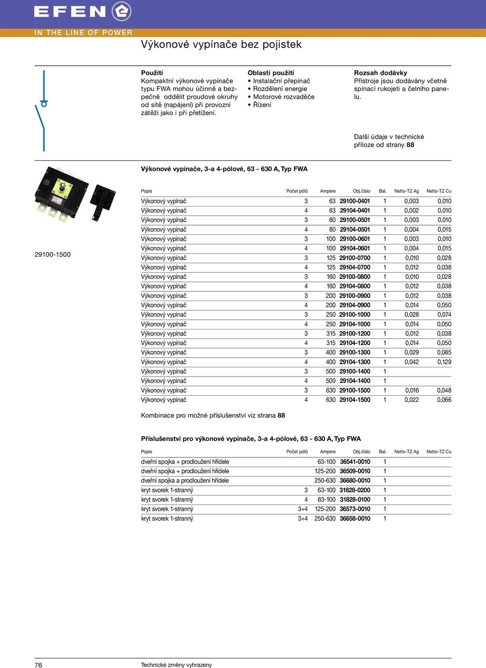 Výkonové vypínače, 3-a 4-pólové, 63-630 A, Typ FWA 29100-1500 Výkonový vypínač 3 63 29100-0401 1 0,003 0,010 Výkonový vypínač 4 63 29104-0401 1 0,002 0,010 Výkonový vypínač 3 80 29100-0501 1 0,003