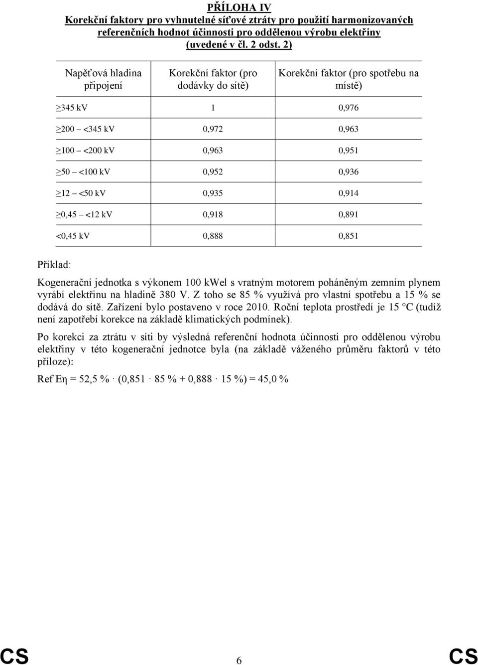 <50 kv 0,935 0,914 0,45 <12 kv 0,918 0,891 <0,45 kv 0,888 0,851 Příklad: Kogenerační jednotka s výkonem 100 kwel s vratným motorem poháněným zemním plynem vyrábí elektřinu na hladině 380 V.