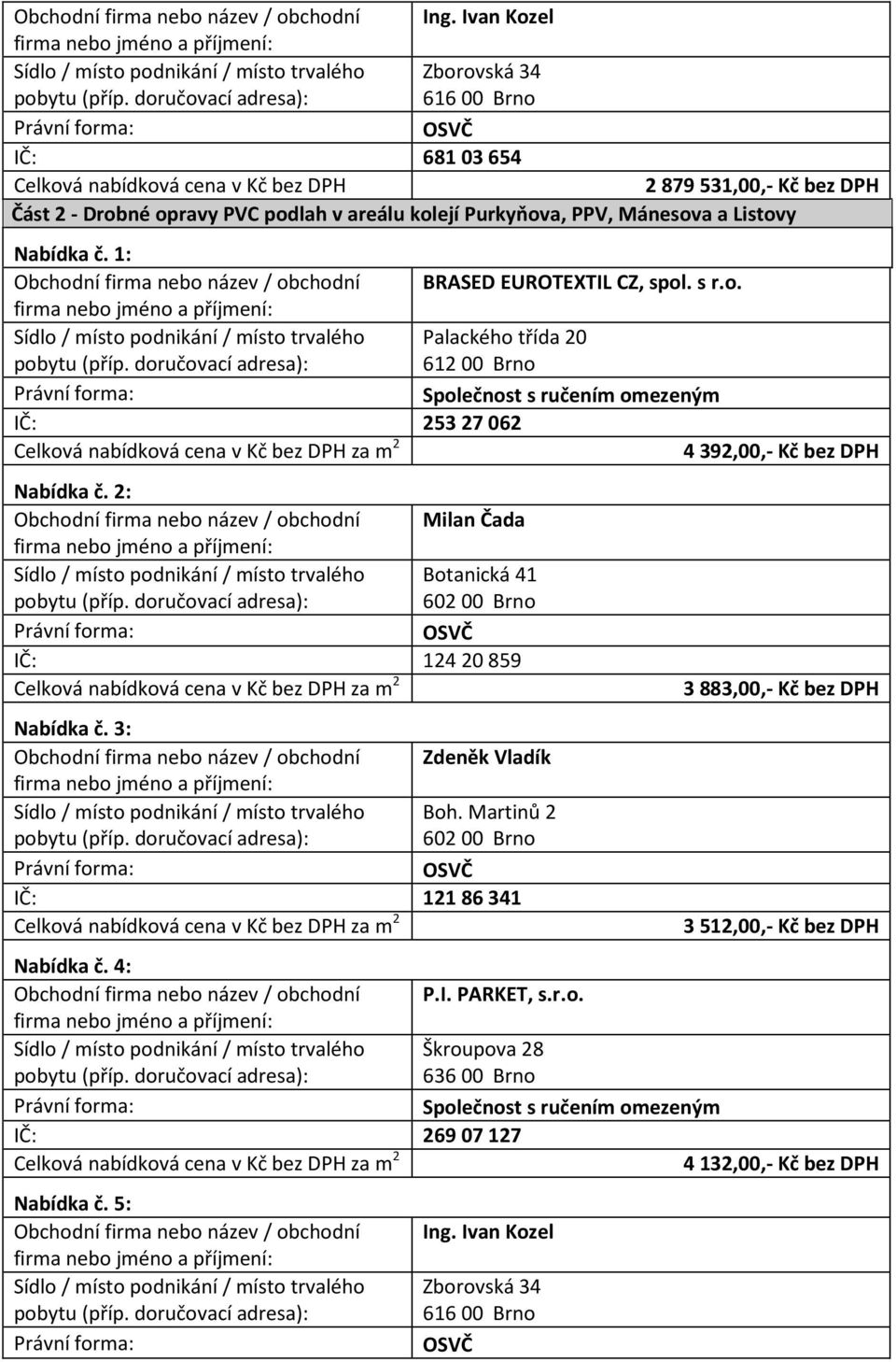 2: IČ: 124 20 859 za m 2 Nabídka č. 3: za m 2 Nabídka č. 4: IČ: 269 07 127 za m 2 Nabídka č. 5: Ing.