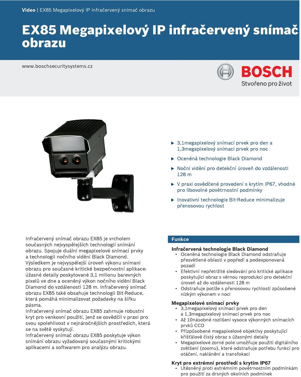 IP67, vhodné pro libovolné povětrnostní podmínky Inovativní technologie Bit-Redce minimalizje přenosovo rychlost Infračervený snímač obraz EX85 je vrcholem sočasných nejvyspělejších technologií