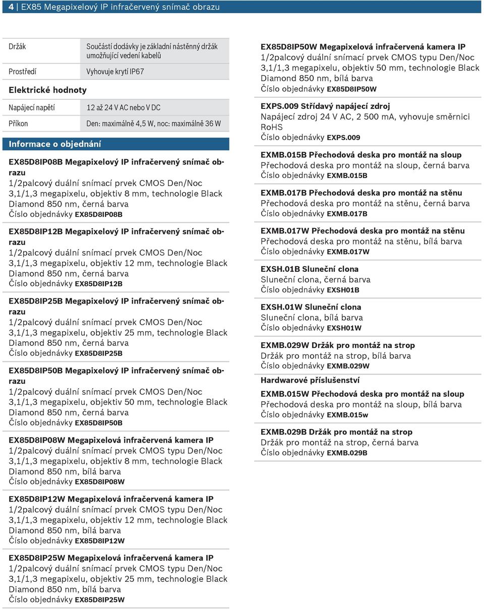megapixel, objektiv 8 mm, technologie Black Číslo objednávky EX85D8IP08B EX85D8IP12B Megapixelový IP infračervený snímač obraz 1/2palcový dální snímací prvek CMOS Den/Noc 3,1/1,3 megapixel, objektiv