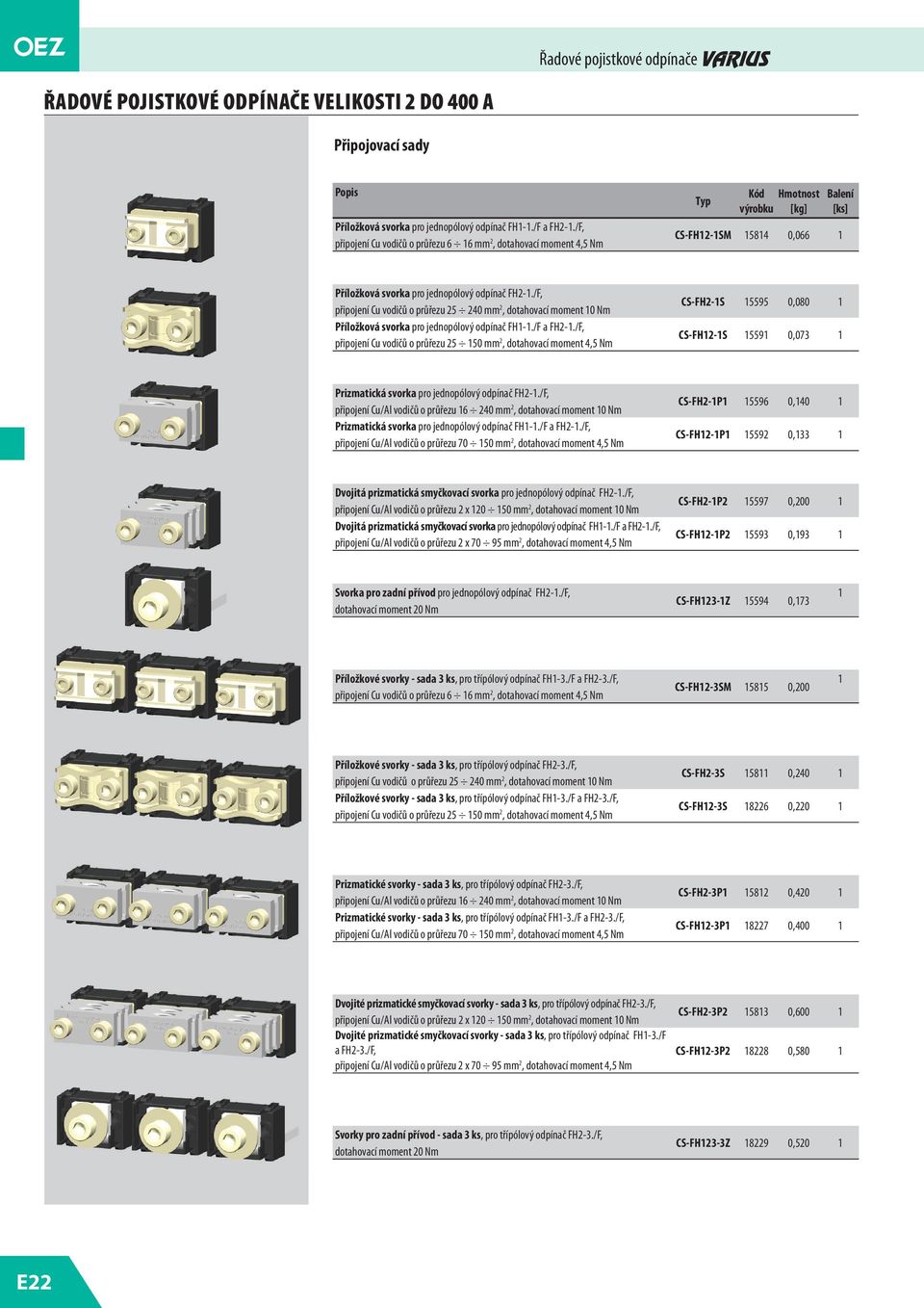 /F, připojení Cu vodičů o průřezu 25 240 mm 2, dotahovací moment 0 Nm Příložková svorka pro jednopólový odpínač FH-./F a FH2-.