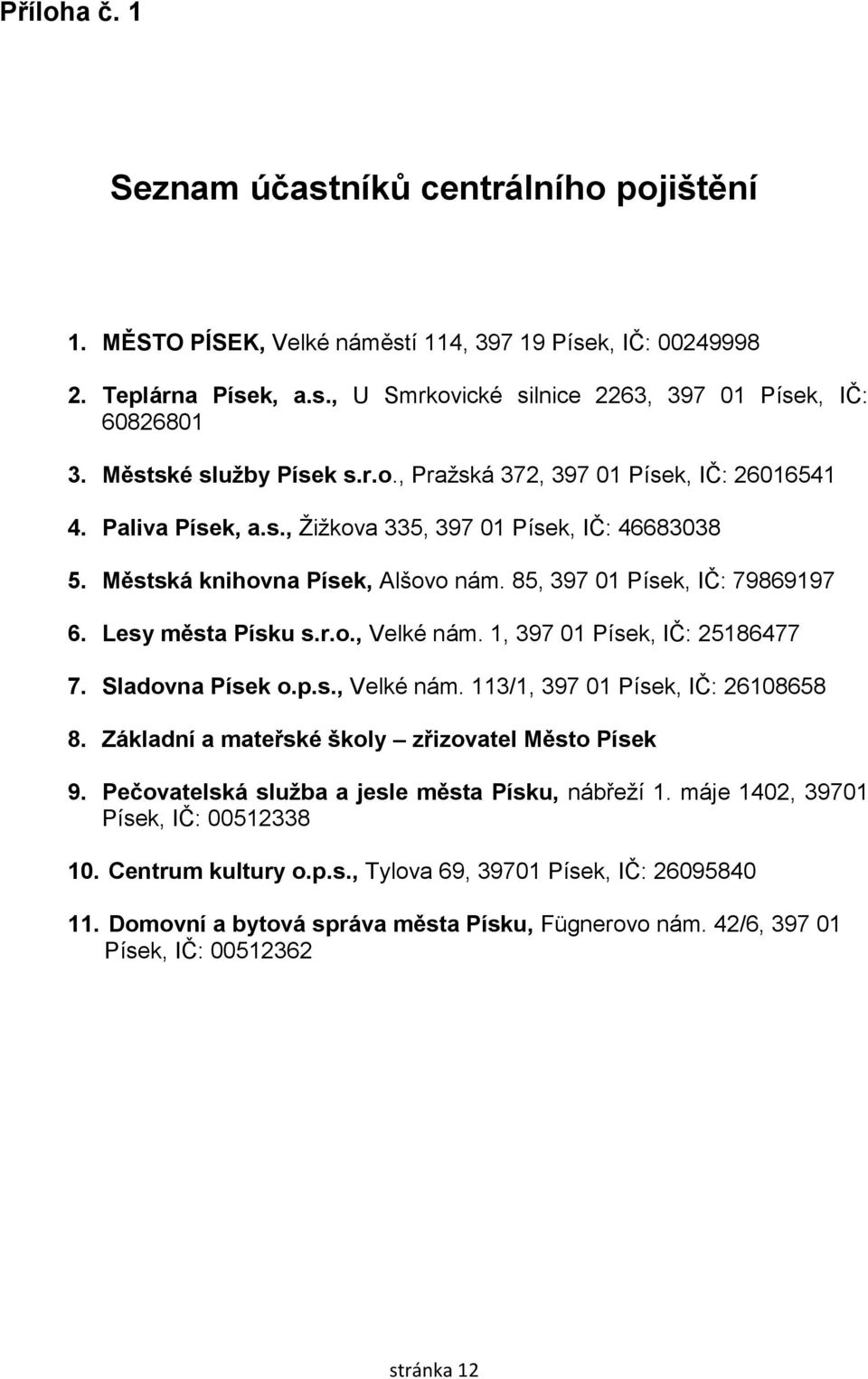 85, 397 01 Písek, IČ: 79869197 6. Lesy města Písku s.r.o., Velké nám. 1, 397 01 Písek, IČ: 25186477 7. Sladovna Písek o.p.s., Velké nám. 113/1, 397 01 Písek, IČ: 26108658 8.