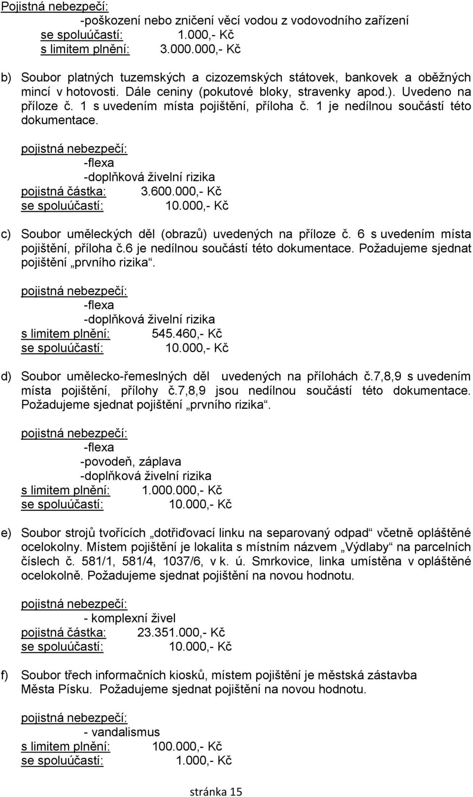 1 s uvedením místa pojištění, příloha č. 1 je nedílnou součástí této dokumentace. pojistná nebezpečí: -flexa -doplňková živelní rizika pojistná částka: 3.600.000,- Kč se spoluúčastí: 10.
