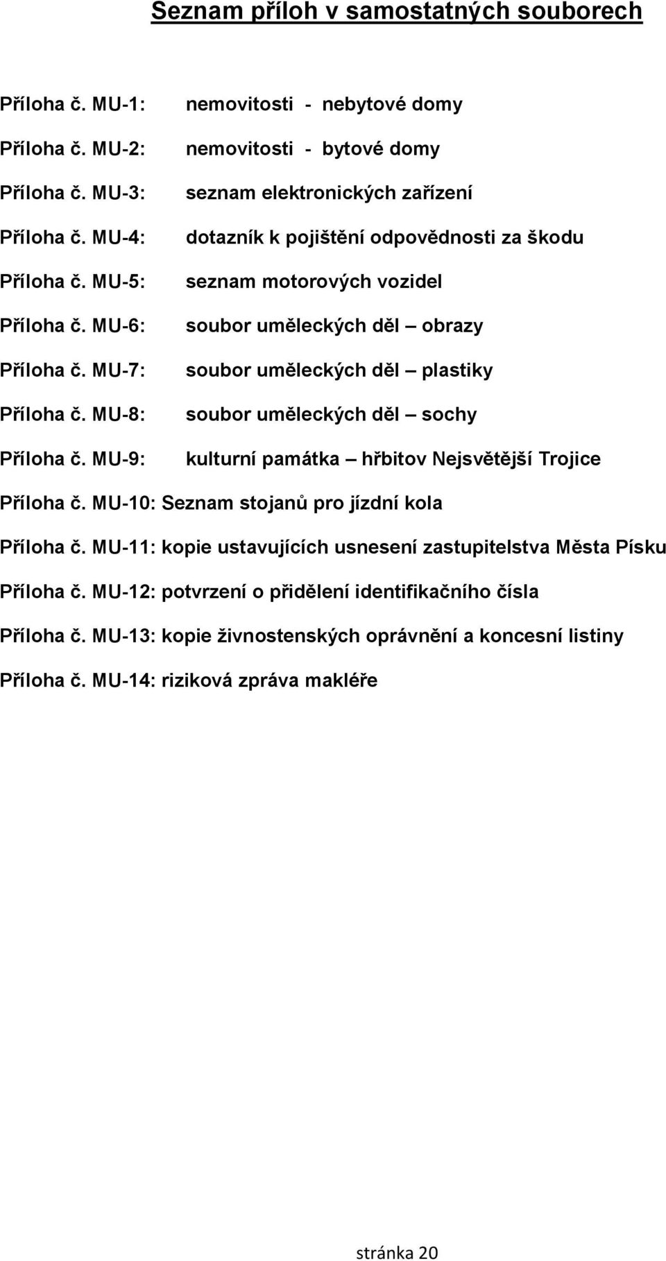 uměleckých děl plastiky soubor uměleckých děl sochy kulturní památka hřbitov Nejsvětější Trojice Příloha č. MU-10: Seznam stojanů pro jízdní kola Příloha č.