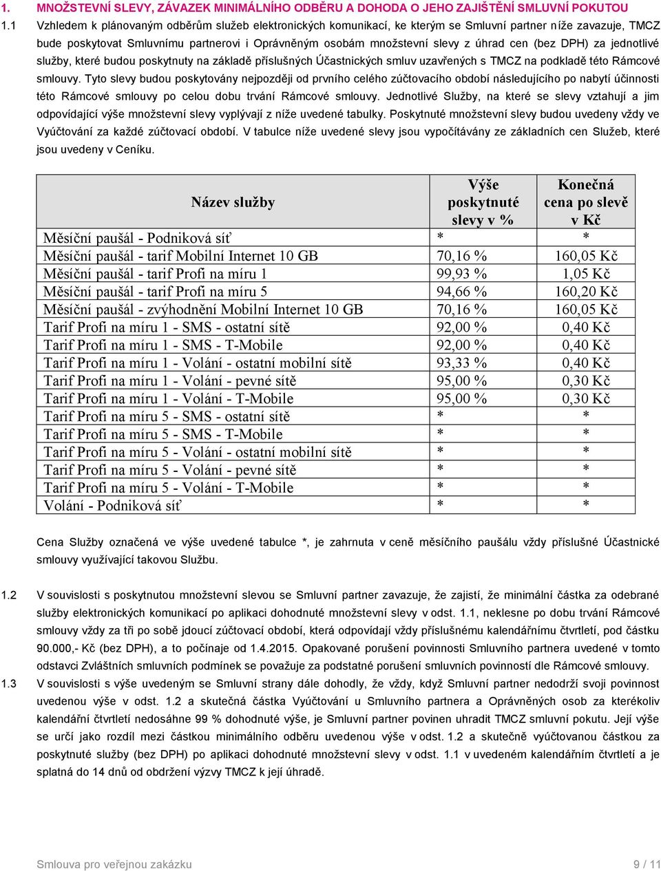 cen (bez DPH) za jednotlivé služby, které budou poskytnuty na základě příslušných Účastnických smluv uzavřených s TMCZ na podkladě této Rámcové smlouvy.