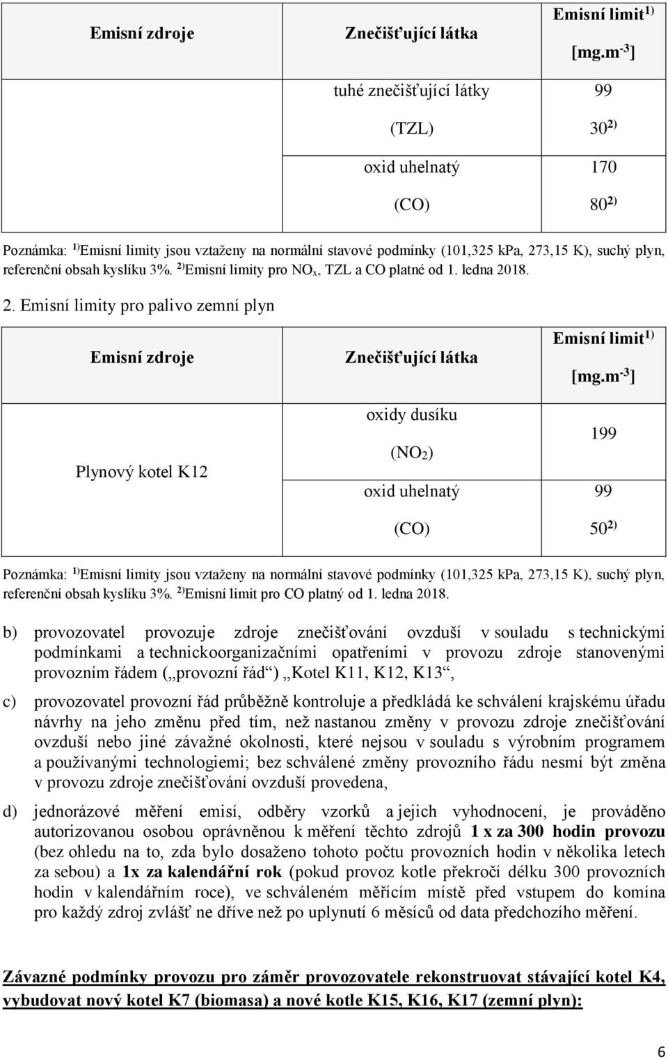 2) Emisní limity pro NO x, TZL a CO platné od 1. ledna 20