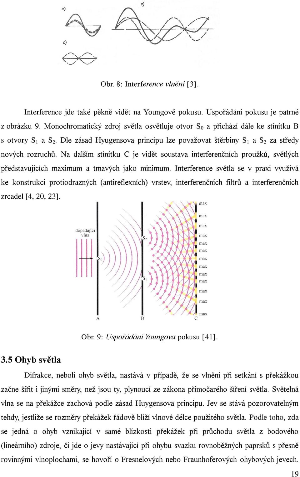 Na dalším stínítku C je vidět soustava interferenčních proužků, světlých představujících maximum a tmavých jako minimum.