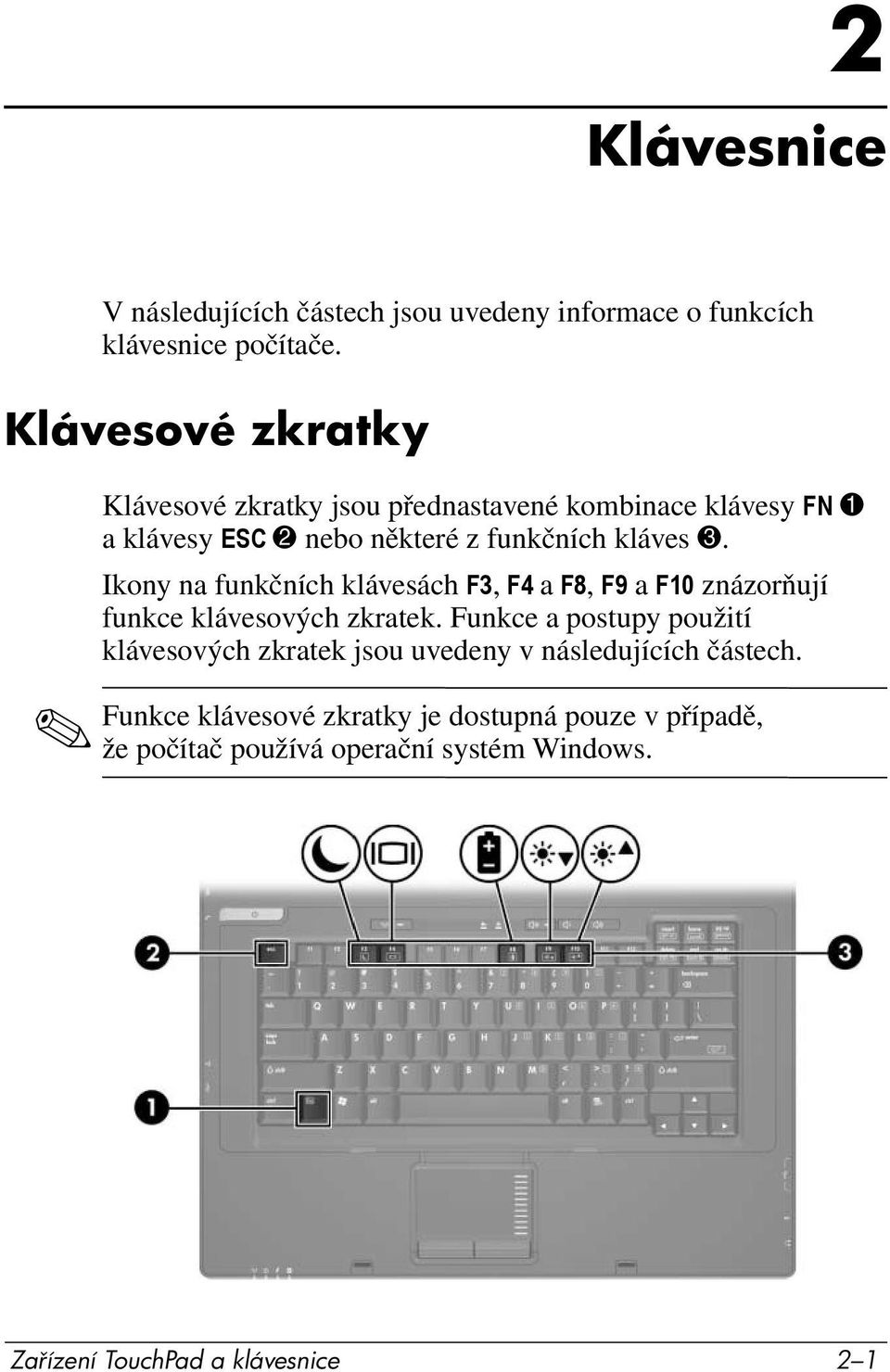 Ikony na funkčních klávesách F3, F4 a F8, F9 a F10 znázorňují funkce klávesových zkratek.