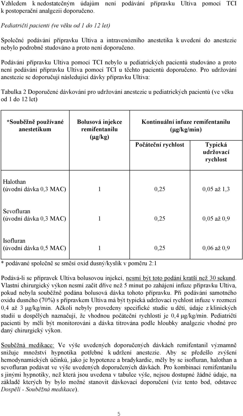Podávání přípravku Ultiva pomocí TCI nebylo u pediatrických pacientů studováno a proto není podávání přípravku Ultiva pomocí TCI u těchto pacientů doporučeno.