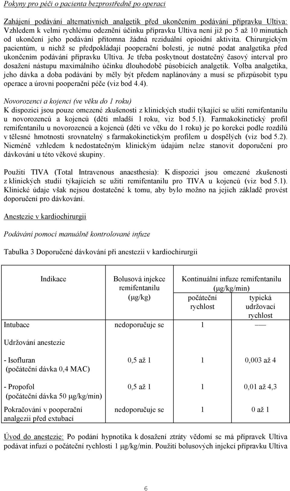 Chirurgickým pacientům, u nichž se předpokládají pooperační bolesti, je nutné podat analgetika před ukončením podávání přípravku Ultiva.