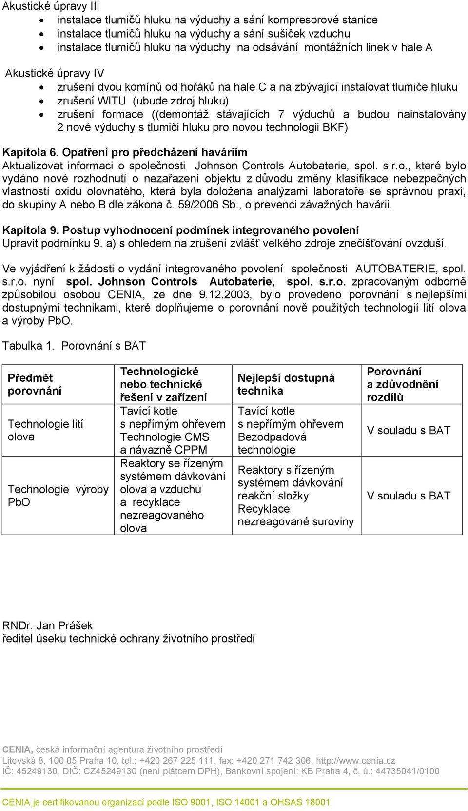 budou nainstalovány 2 nové výduchy s tlumiči hluku pro novou technologii BKF) Kapitola 6. Opatření pro předcházení haváriím Aktualizovat informaci o společnosti Johnson Controls Autobaterie, spol.