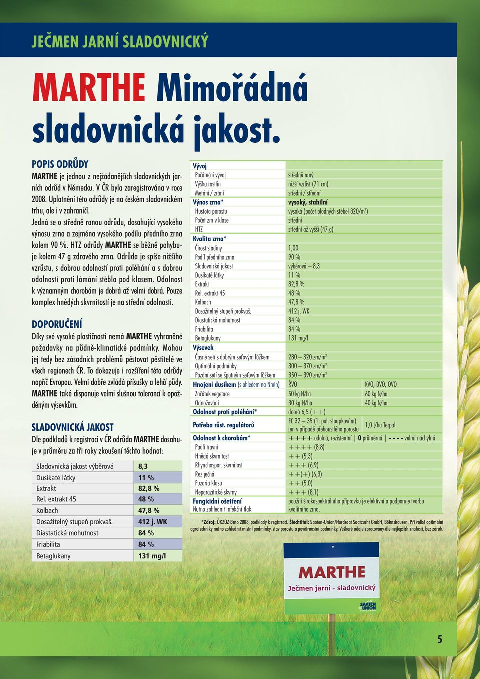HTZ odrůdy MARTHE se běžně pohybuje kolem 47 g zdravého zrna. Odrůda je spíše nižšího vzrůstu, s dobrou odolností proti poléhání a s dobrou odolností proti lámání stébla pod klasem.