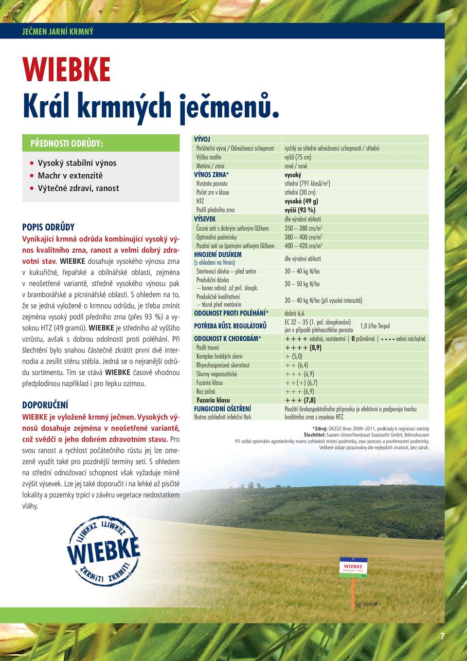 WIEBKE dosahuje vysokého výnosu zrna v kukuřičné, řepařské a obilnářské oblasti, zejména v neošetřené variantě, středně vysokého výnosu pak v bramborářské a pícninářské oblasti.