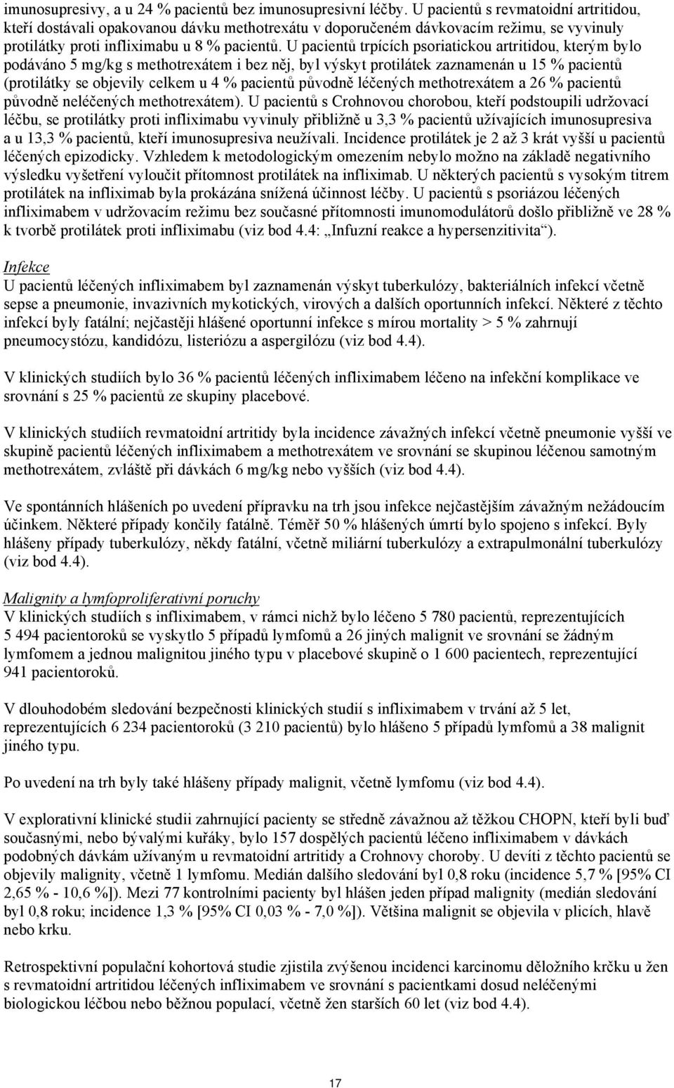 U pacientů trpících psoriatickou artritidou, kterým bylo podáváno 5 mg/kg s methotrexátem i bez něj, byl výskyt protilátek zaznamenán u 15 % pacientů (protilátky se objevily celkem u 4 % pacientů
