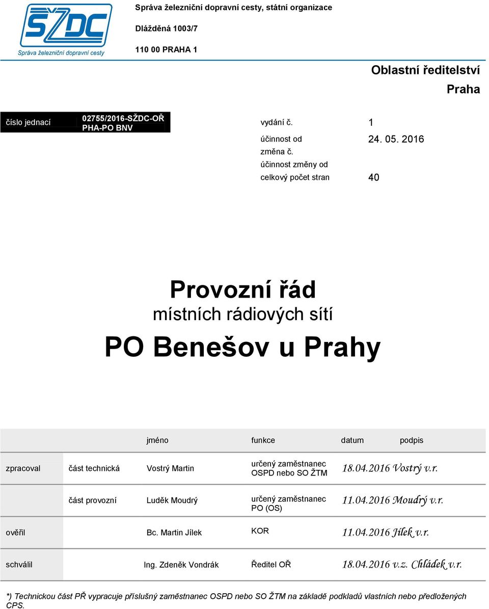 účinnost změny od celkový počet stran 40 Provozní řád místních rádiových sítí PO Benešov u Prahy jméno funkce datum podpis zpracoval část technická Vostrý Martin určený zaměstnanec