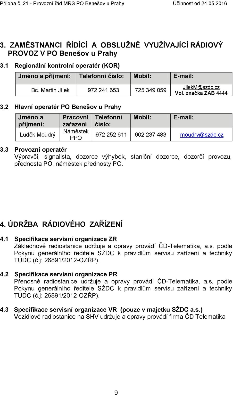 2 Hlavní operatér PO Benešov u Prahy Jméno a příjmení: Luděk Moudrý Pracovní zařazení Náměstek PPO Telefonní číslo: Mobil: E-mail: 972 252 611 602 237 483 moudry@szdc.cz 3.