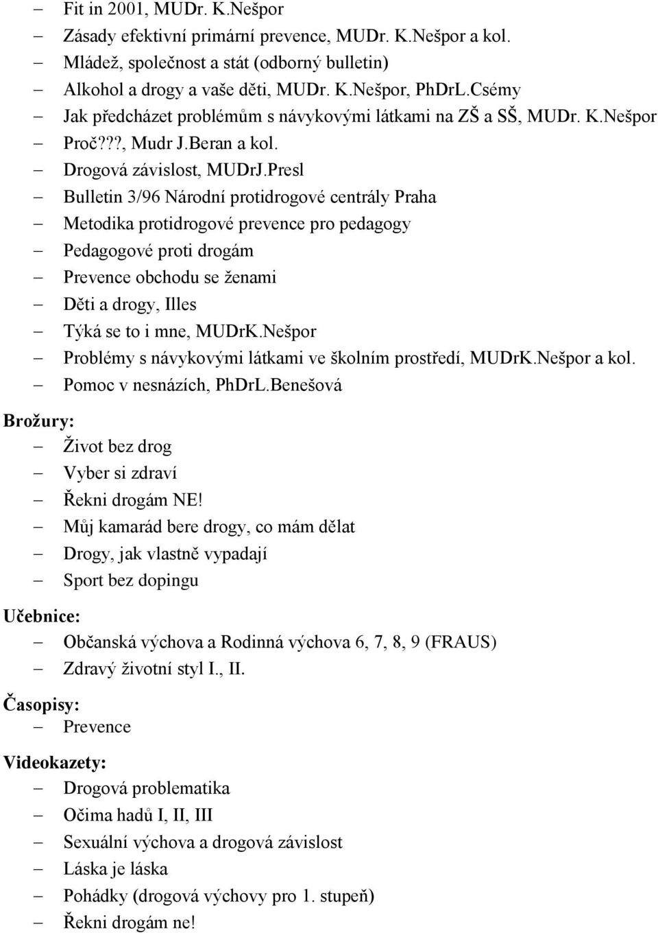 Presl Bulletin 3/96 Národní protidrogové centrály Praha Metodika protidrogové prevence pro pedagogy Pedagogové proti drogám Prevence obchodu se ženami Děti a drogy, Illes Týká se to i mne, MUDrK.