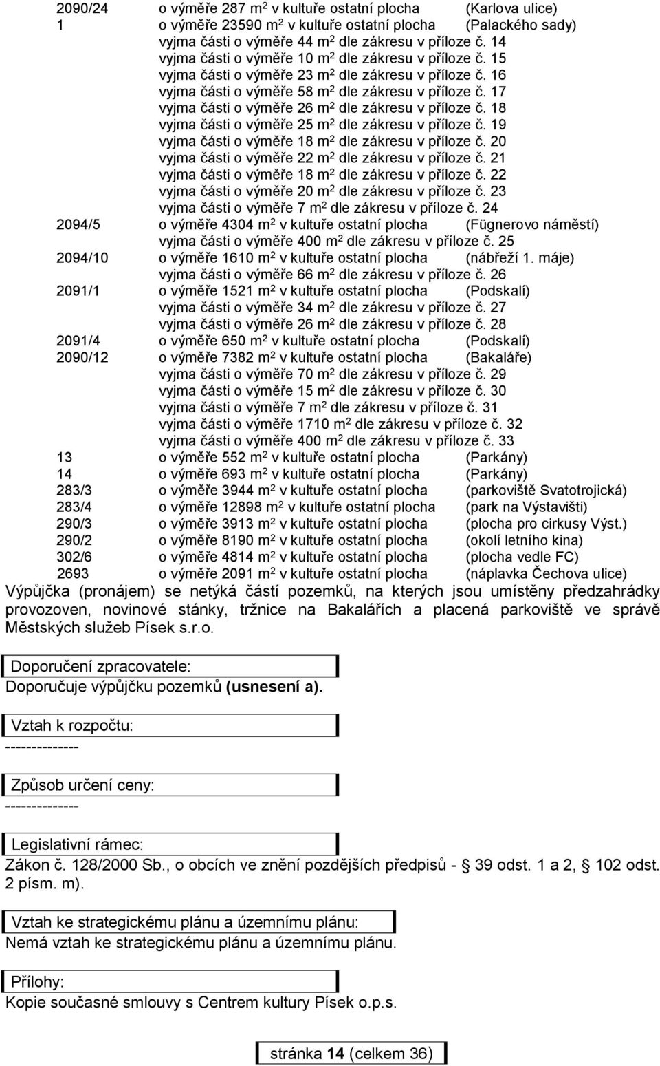 17 vyjma části o výměře 26 m 2 dle zákresu v příloze č. 18 vyjma části o výměře 25 m 2 dle zákresu v příloze č. 19 vyjma části o výměře 18 m 2 dle zákresu v příloze č.