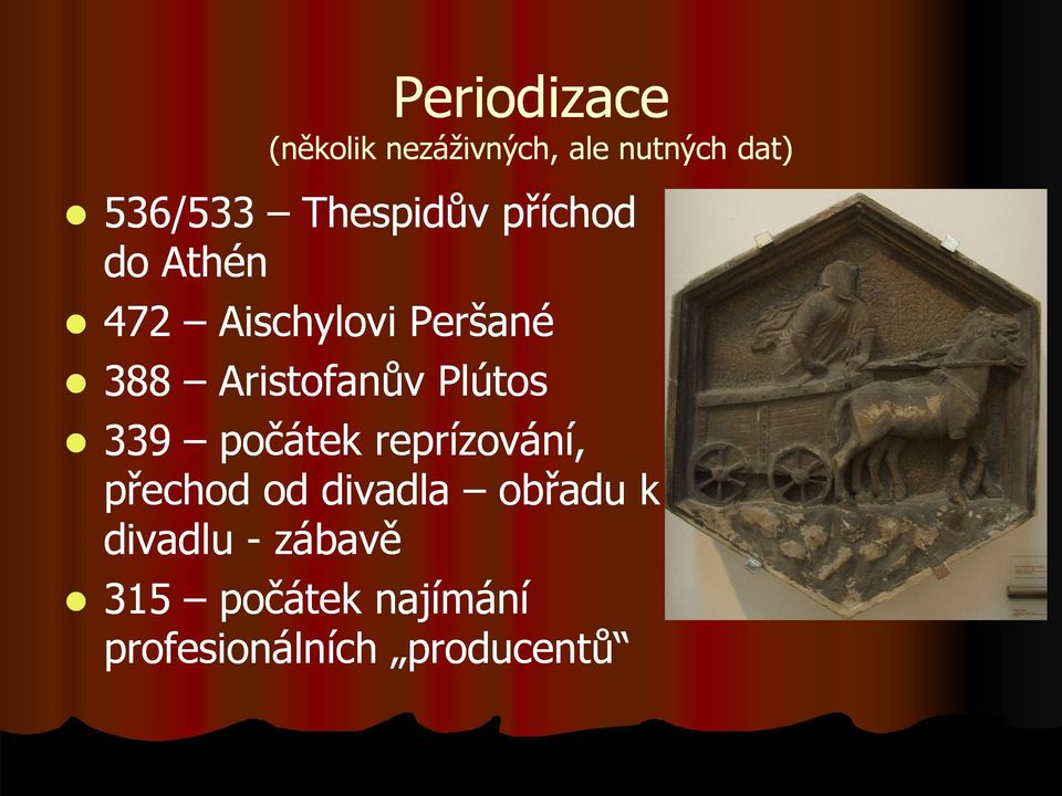 Aristofanův Plútos 339 počátek reprízování, přechod od divadla
