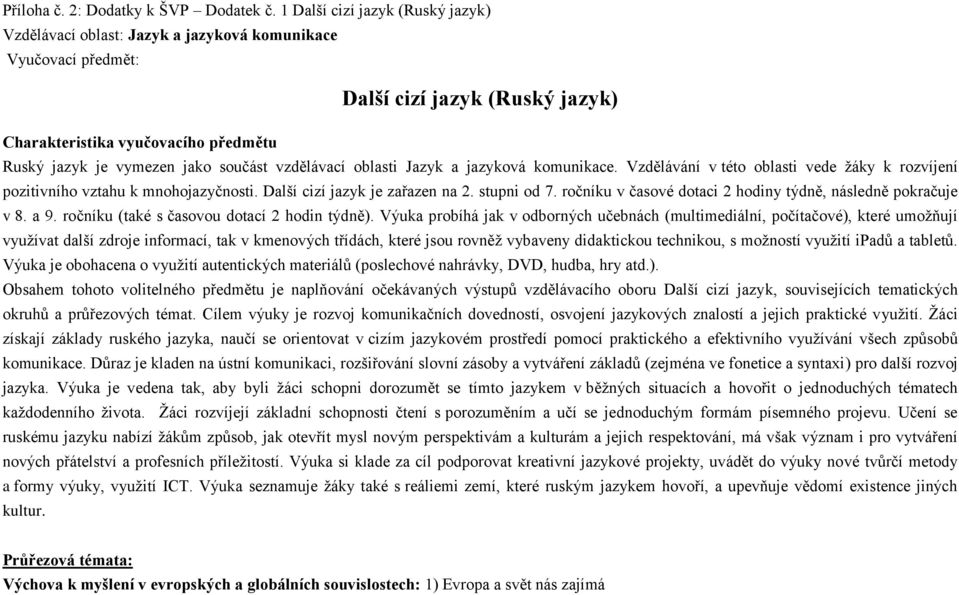 součást vzdělávací oblasti Jazyk a jazyková komunikace. Vzdělávání v této oblasti vede žáky k rozvíjení pozitivního vztahu k mnohojazyčnosti. Další cizí jazyk je zařazen na 2. stupni od 7.