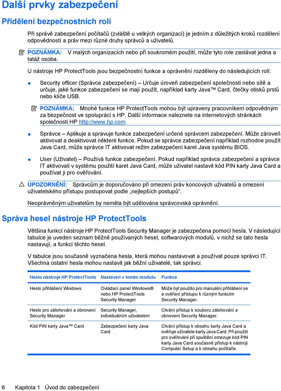 V malých organizacích nebo při soukromém použití, může tyto role zastávat jedna a U nástroje HP ProtectTools jsou bezpečnostní funkce a oprávnění rozděleny do následujících rolí: Security officer