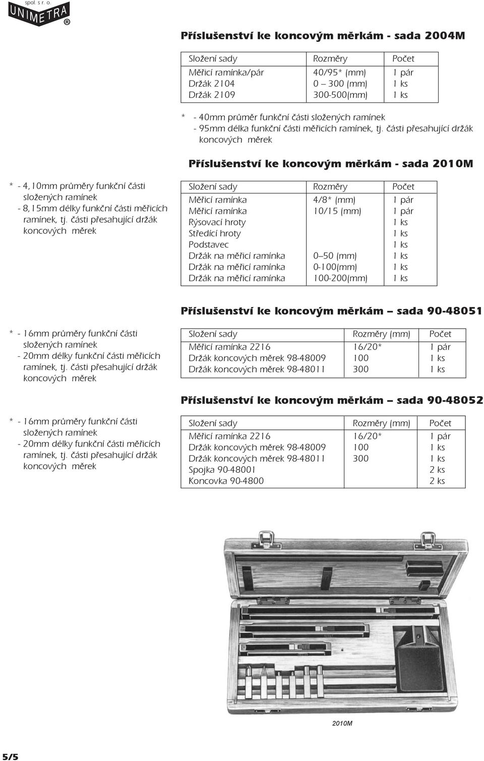 èásti pøesahující držák Pøíslušenství ke koncovým mìrkám - sada 2010M * - 4,10mm prùmìry funkèní èásti složených ramínek - 8,15mm délky funkèní èásti mìøicích ramínek, tj.