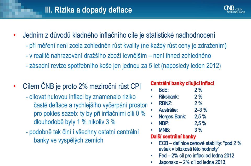 let (naposledy leden 2012) Cílem ČNB je proto 2% meziroční růst CPI - cílovat nulovou inflaci by znamenalo riziko časté deflace a rychlejšího vyčerpání