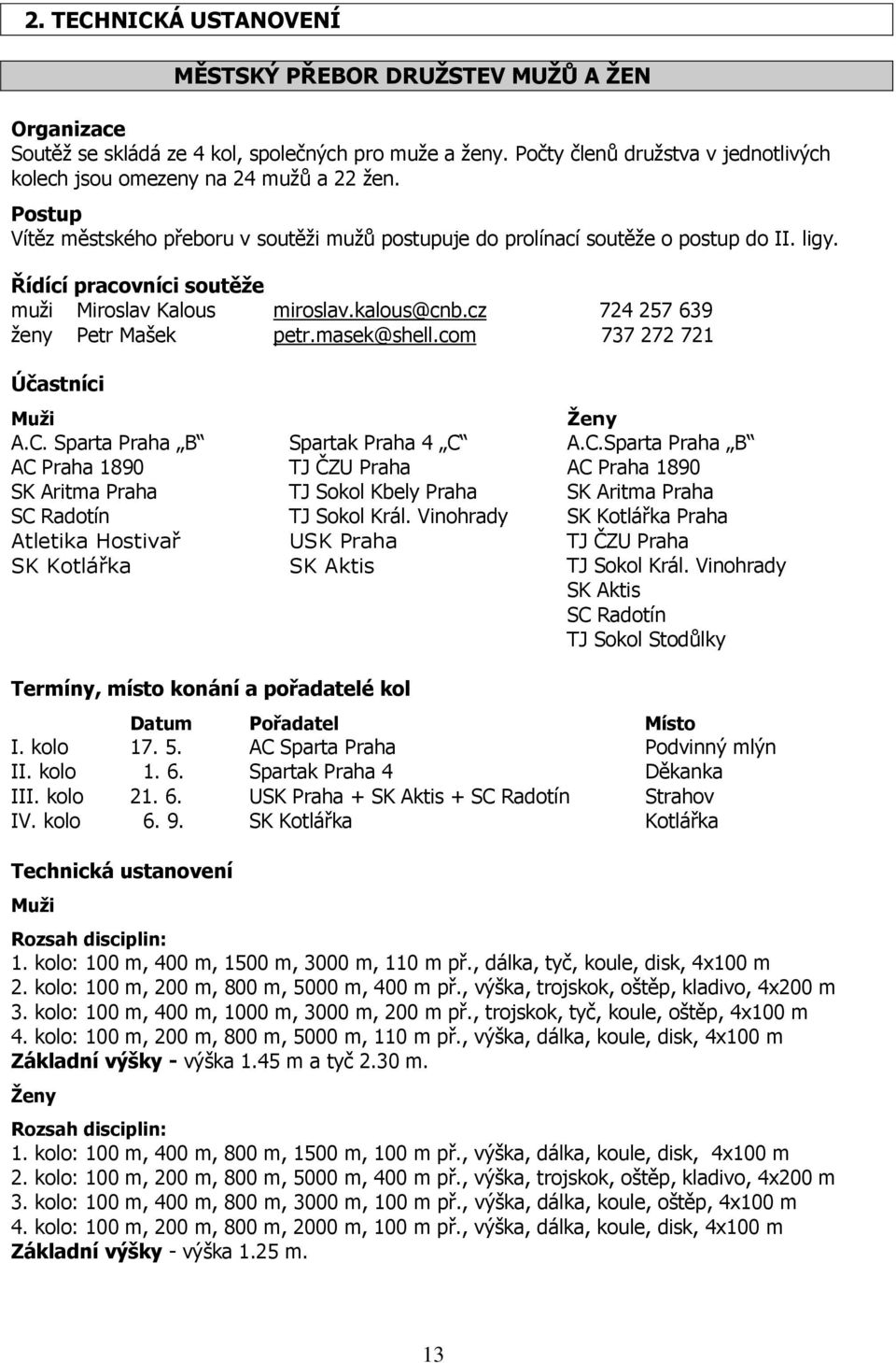 Řídící pracovníci soutěže muži Miroslav Kalous miroslav.kalous@cnb.cz 724 257 639 ženy Petr Mašek petr.masek@shell.com 737 272 721 Účastníci Muži Ženy A.C.