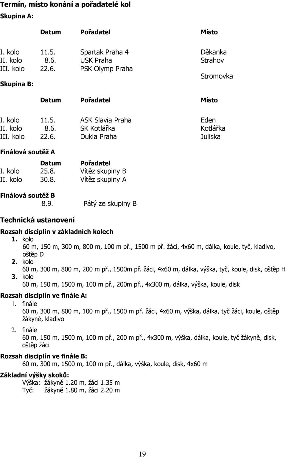 9. Pátý ze skupiny B Technická ustanovení Rozsah disciplín v základních kolech 1. kolo 60 m, 150 m, 300 m, 800 m, 100 m př., 1500 m př. žáci, 4x60 m, dálka, koule, tyč, kladivo, oštěp D 2.