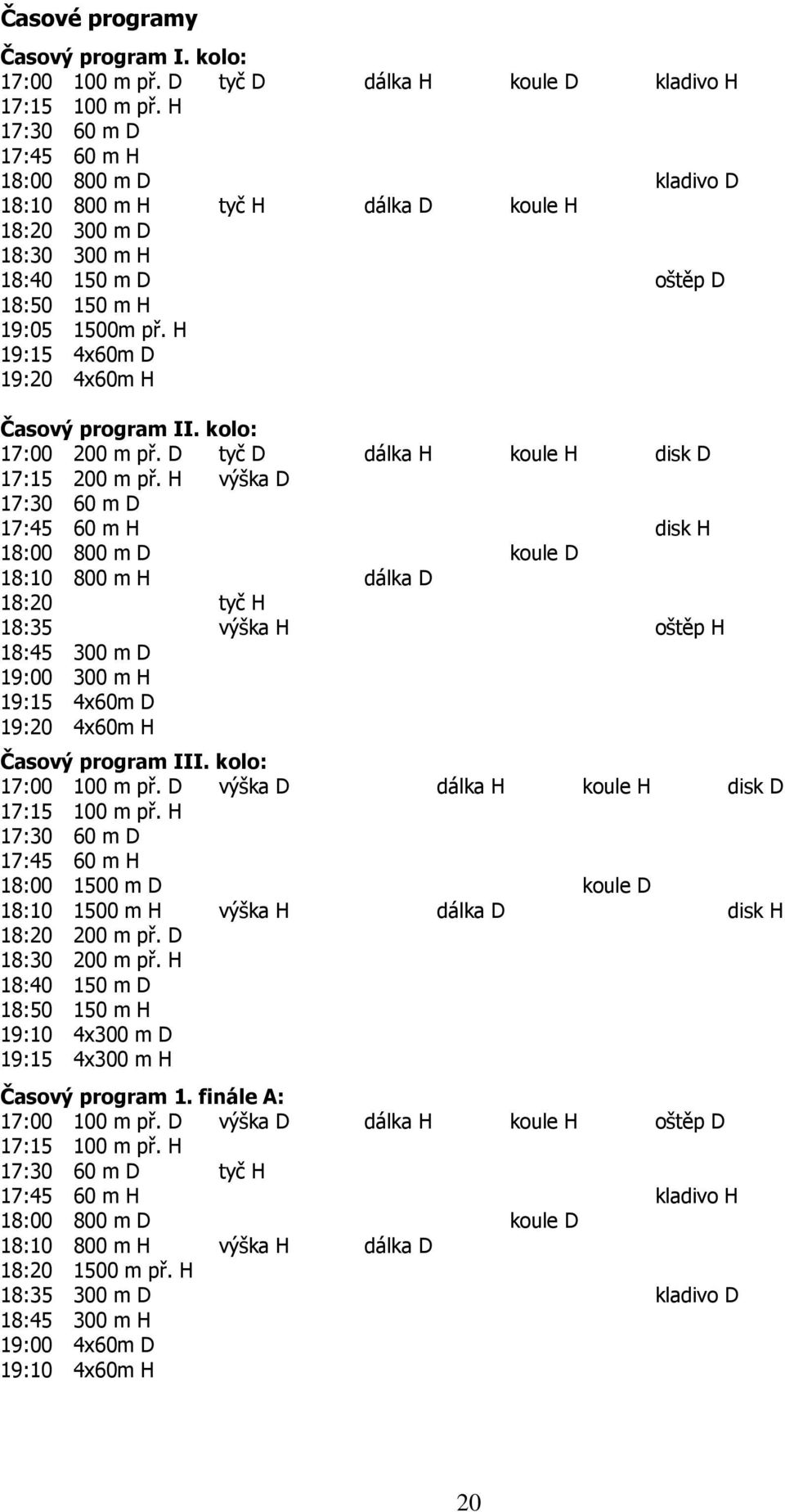 H 19:15 4x60m D 19:20 4x60m H Časový program II. kolo: 17:00 200 m př. D tyč D dálka H koule H disk D 17:15 200 m př.