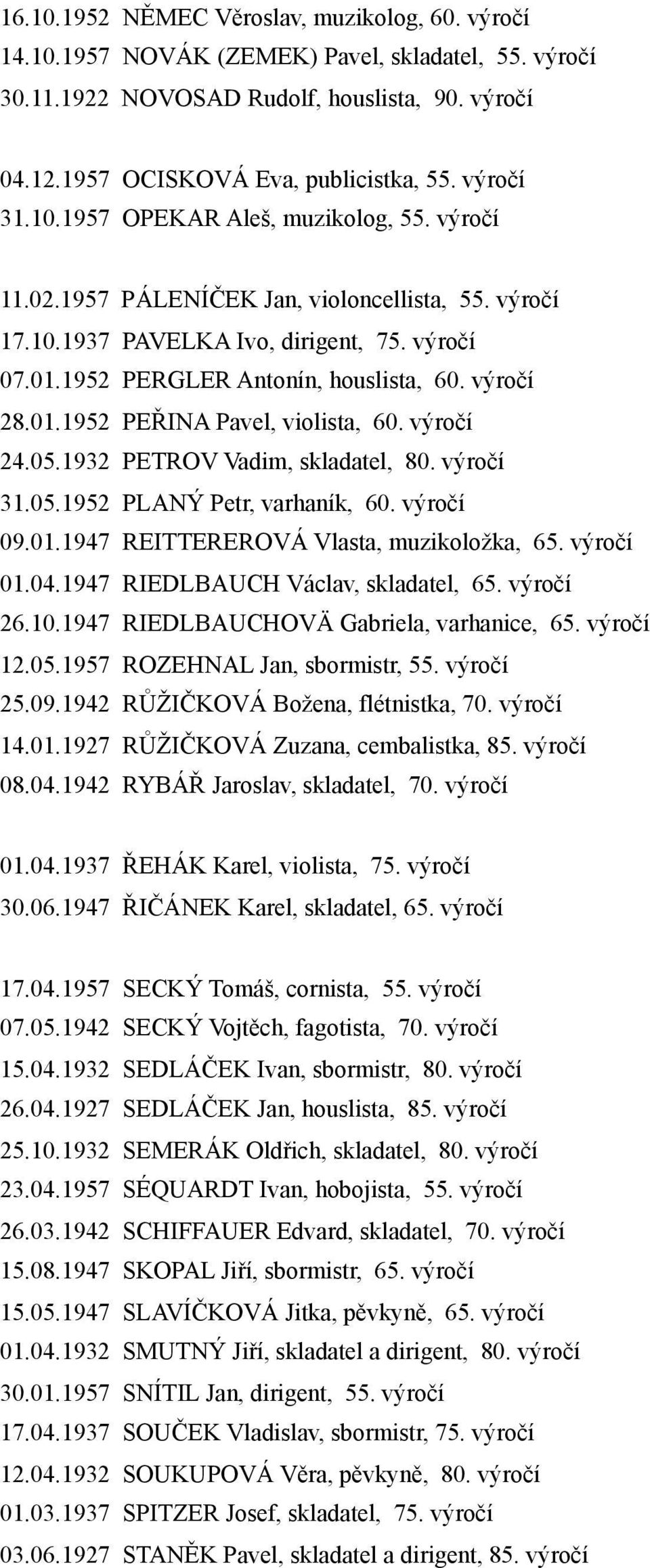 výročí 28.01.1952 PEŘINA Pavel, violista, 60. výročí 24.05.1932 PETROV Vadim, skladatel, 80. výročí 31.05.1952 PLANÝ Petr, varhaník, 60. výročí 09.01.1947 REITTEREROVÁ Vlasta, muzikoložka, 65.