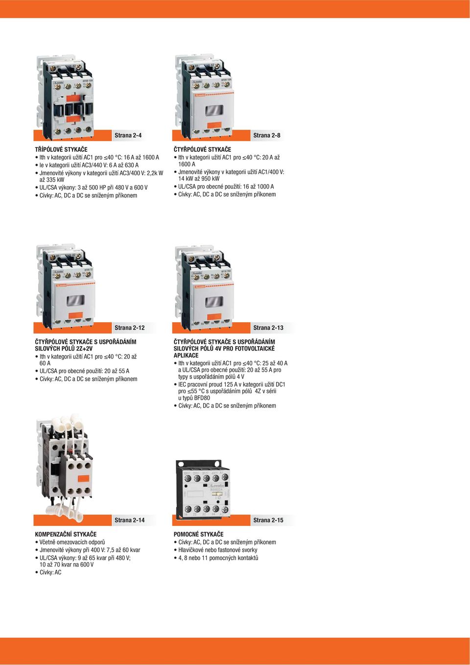 14 kw až 950 kw UL/CSA pro obecné použití: 16 až 1000 A Cívky: AC, DC a DC se sníženým příkonem Strana -1 ČTYŘPÓLOVÉ STYKAČE S USPOŘÁDÁNÍM SILOVÝCH PÓLŮ Z+V Ith v kategorii užití AC1 pro 40 C: 0 až