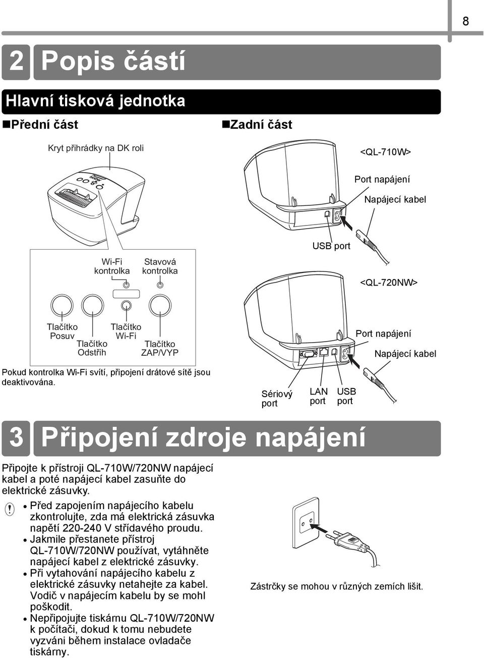 Připojte k přístroji QL-710W/720NW napájecí kabel a poté napájecí kabel zasuňte do elektrické zásuvky.